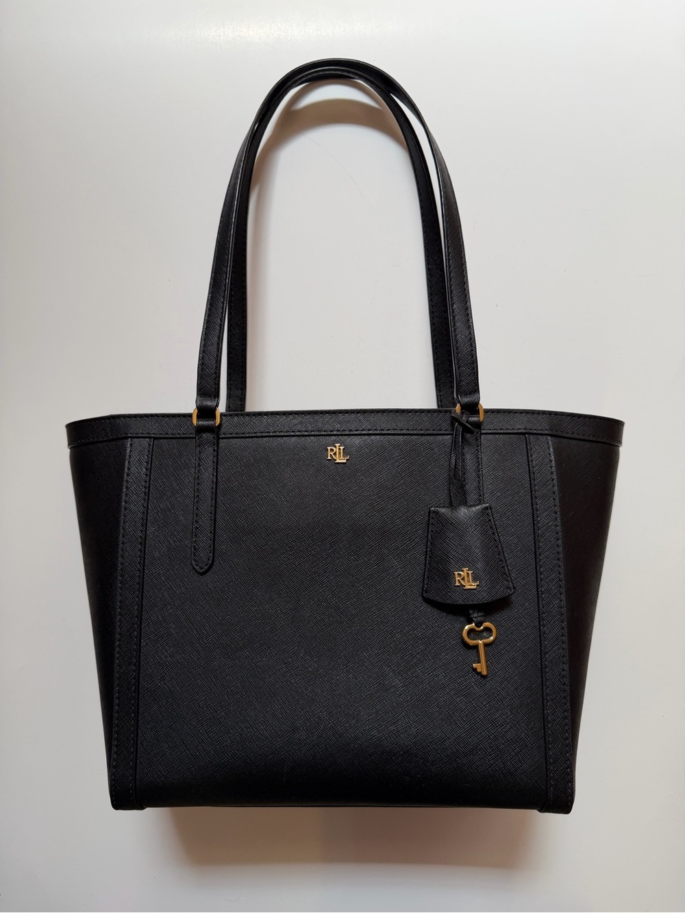 Lauren Ralph Lauren Black Leather Tote with Gold Hardware and Key Charm